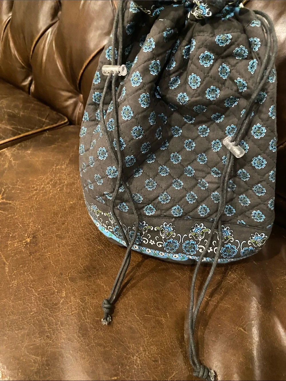 Quilted Drawstring Hobo Bag in Brown and Blue